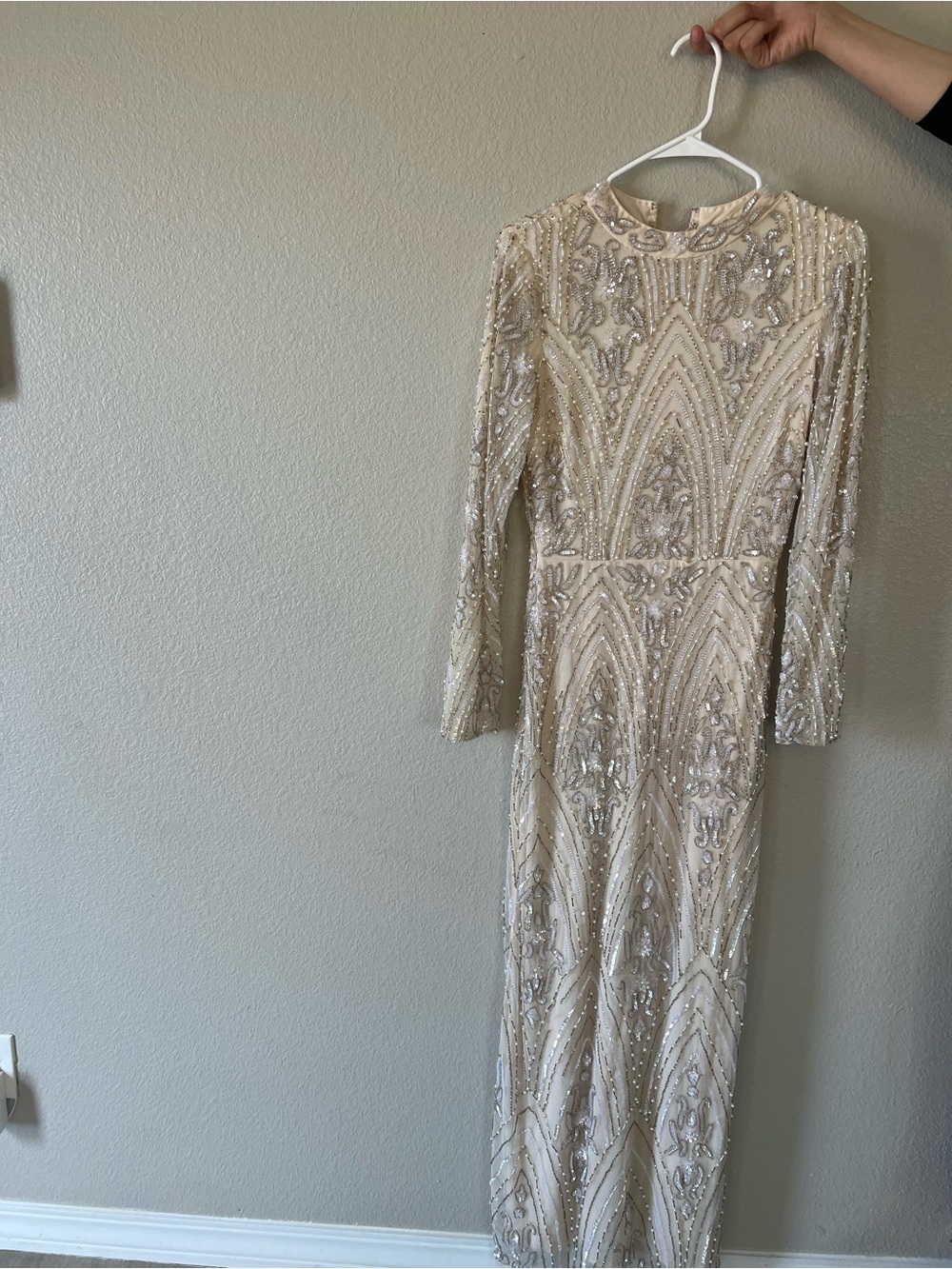 Embellished Ivory Sequin Long Sleeve Gown